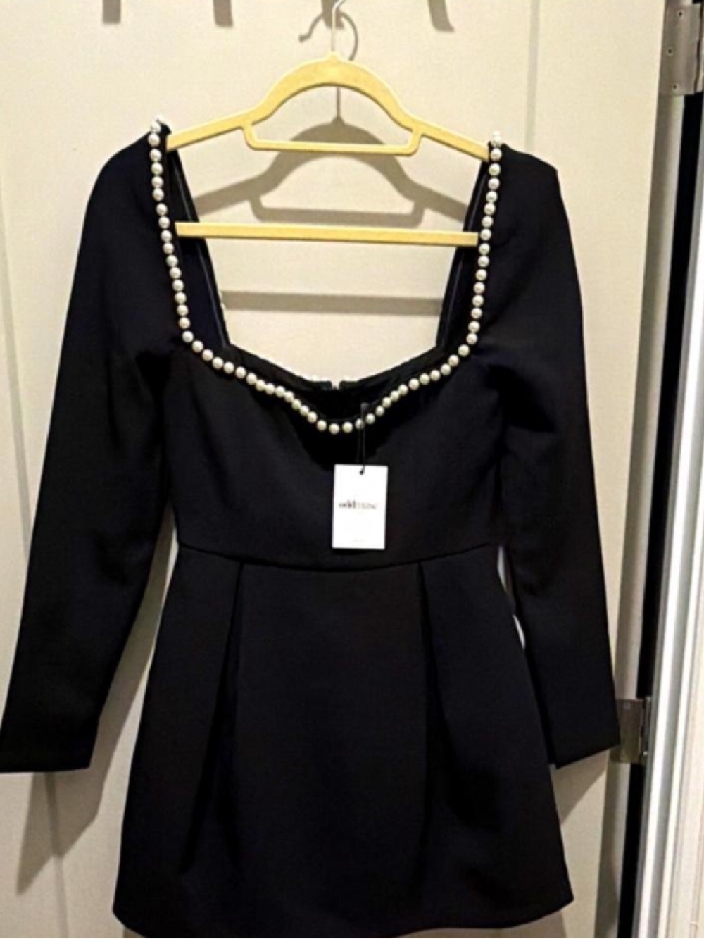 Elegant Black Long-Sleeve Mini Dress with Pearl Trim